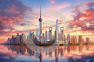 Shanghai skyline at sunset, China. 3D rendering, View of the modern skyscrapers of the Shanghai skyline at sunset, China, AI