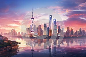 Shanghai skyline at sunset, China. Panoramic view, View of the modern skyscrapers of the Shanghai skyline at sunset, China, AI