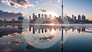 Shanghai skyline at sunset, China. Shanghai is the capital of China, CN Tower and Toronto Harbour reflection