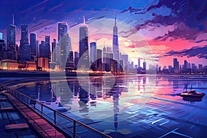 Shanghai skyline at sunset with skyscrapers. Vector illustration, Nocturnal urban landscape with river and skyscrapers. A