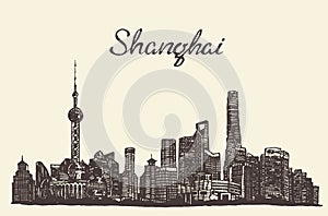 Shanghai skyline vector engraved drawn sketch