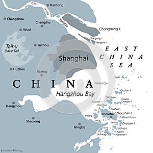 Shanghai and the Yangtze River Delta, gray political map