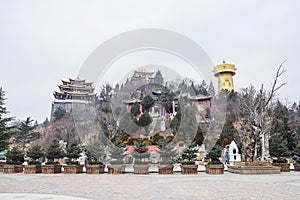 Shangri-La Golden temple or Dafo temple With giant Spinning Golden Wheel at Dukezong old town, located in Zhongdian city  Shangri