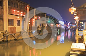 Shangtang historical area and canal night cityscape Suzhou China