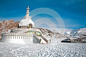 Shanti Stupa also called Japanese Stupa in winter, Leh-Ladakh, Jammu and Kashmir, India