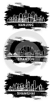 Shantou, Shanghai and Nanjing China City Skyline Silhouette set. Hand Drawn Sketch