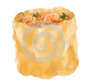 Shao mai baozi steamed dumpling and bun Chinese Cantonese breakfast cuisine watercolor hand drawning illustration