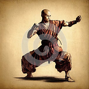 Shaolin monk in dynamic wushu pose