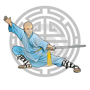Shaolin monk with sword and longevity symbol photo
