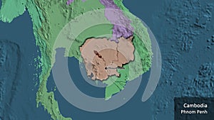 Shape of Cambodia. Bevelled. Administrative. Labels