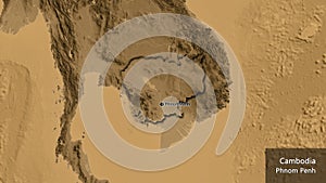 Shape of Cambodia. Bevelled. Sepia elevation. Labels