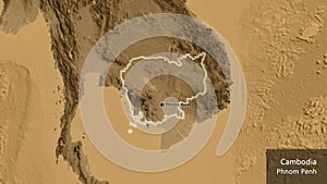 Shape of Cambodia. Glowed. Sepia elevation. Labels