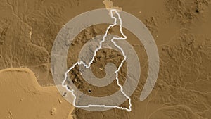 Shape of Cameroun. Glowed. Sepia elevation.