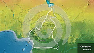 Shape of Cameroun. Glowed. Topographic. Labels