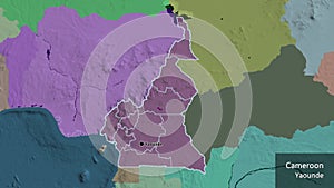 Shape of Cameroun with regional borders. Administrative. Labels