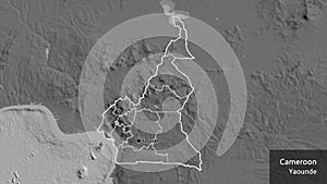 Shape of Cameroun with regional borders. Bilevel. Labels