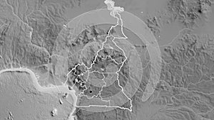 Shape of Cameroun with regional borders. Grayscale.