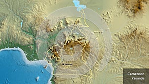 Shape of Cameroun with regional borders. Relief. Labels