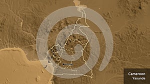 Shape of Cameroun with regional borders. Sepia elevation. Labels