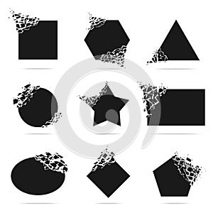 Shape explosion. Destructive shapes, shatter triangle, square, round. Isolated debris, motion crack or geometric black