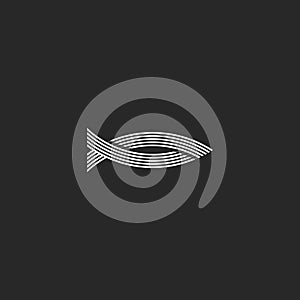 Shape fish logo monogram, parallel interweaving lines hipster fishing emblem, seafood restaurant menu symbol
