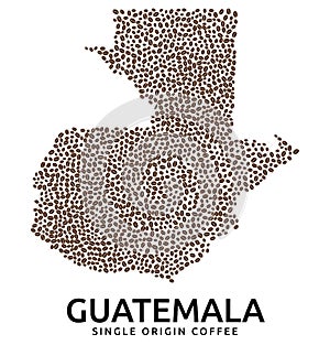 Shape of Guatemala map made of scattered coffee beans, country name below photo