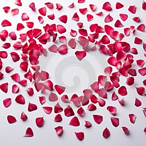 The shape of a heart created within scattered pinkish red rose petals