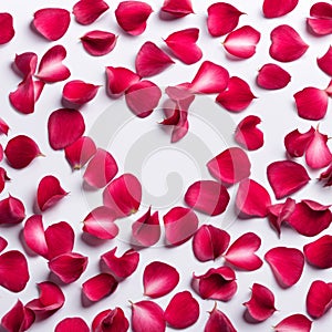 The shape of a heart created within scattered pinkish red rose petals