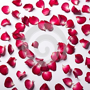 The shape of a heart created within scattered pinkish red rose petals