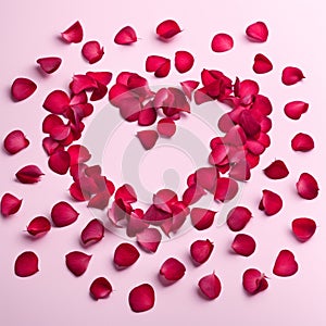 The shape of a heart created within scattered pinkish red rose petals