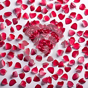 The shape of a heart created within scattered pinkish red rose petals