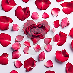 The shape of a heart created within scattered pinkish red rose petals