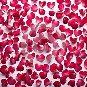 The shape of a heart created within scattered pinkish red rose petals