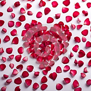 The shape of a heart created within scattered pinkish red rose petals