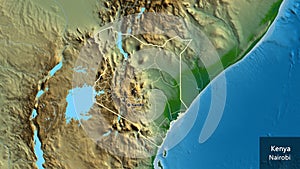 Shape of Kenya with regional borders. Physical. Labels