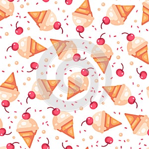 Cherry vanilla ice cream cone seamless pattern