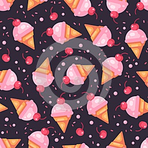 Cherry ice cream cone dark seamless pattern