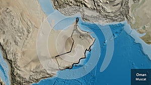 Shape of Oman. Bevelled. Satellite. Labels