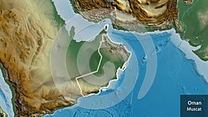 Shape of Oman. Glowed. Relief. Labels