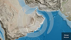 Shape of Oman. Glowed. Satellite. Labels