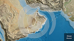 Shape of Oman. Glowed. Satellite. Labels