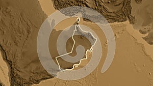 Shape of Oman. Glowed. Sepia elevation.