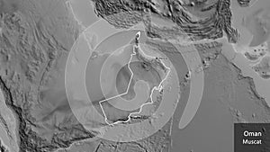 Shape of Oman. Outlined. Grayscale. Labels