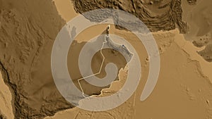 Shape of Oman. Outlined. Sepia elevation.