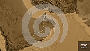 Shape of Oman. Outlined. Sepia elevation. Labels