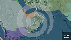 Shape of Oman with regional borders. Administrative. Labels