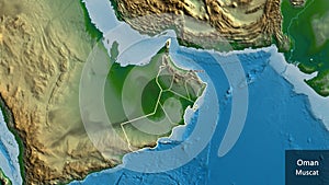 Shape of Oman with regional borders. Physical. Labels