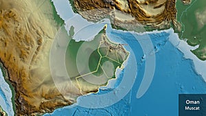 Shape of Oman with regional borders. Relief. Labels