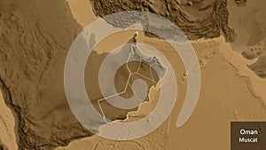 Shape of Oman with regional borders. Sepia elevation. Labels