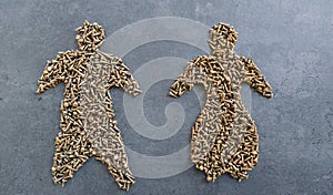 Shape of pictogram man and woman made from brass screws